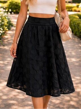 Talbots Black A-Line Midi Skirt with Textured Dot Pattern